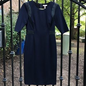 NWOT Rebecca Taylor Ponte Leather Dress, Navy, 4